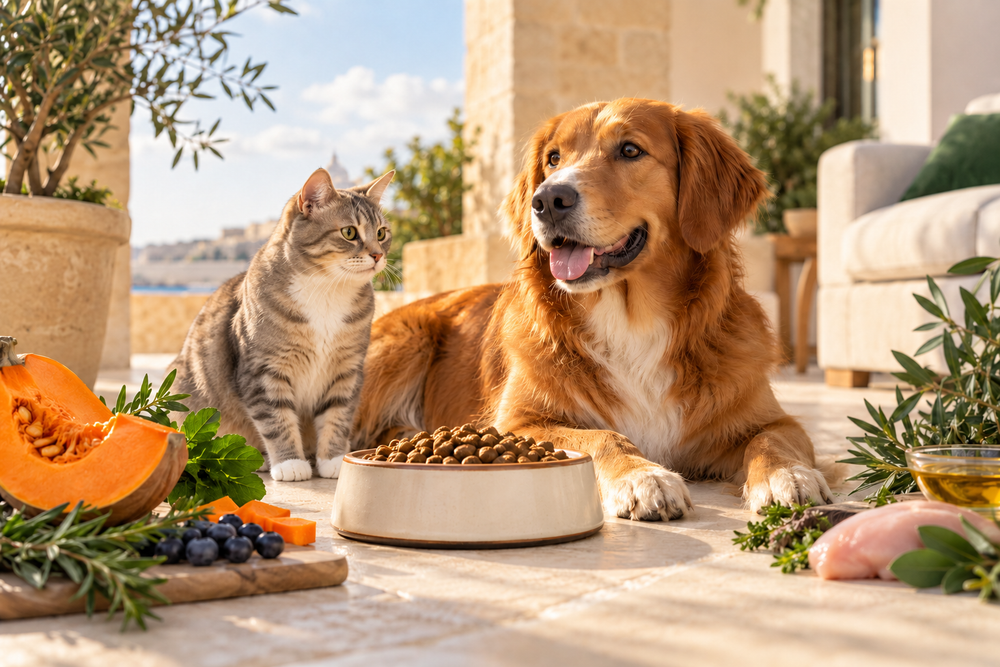 A dog and cat together on a sunny Malta terrace