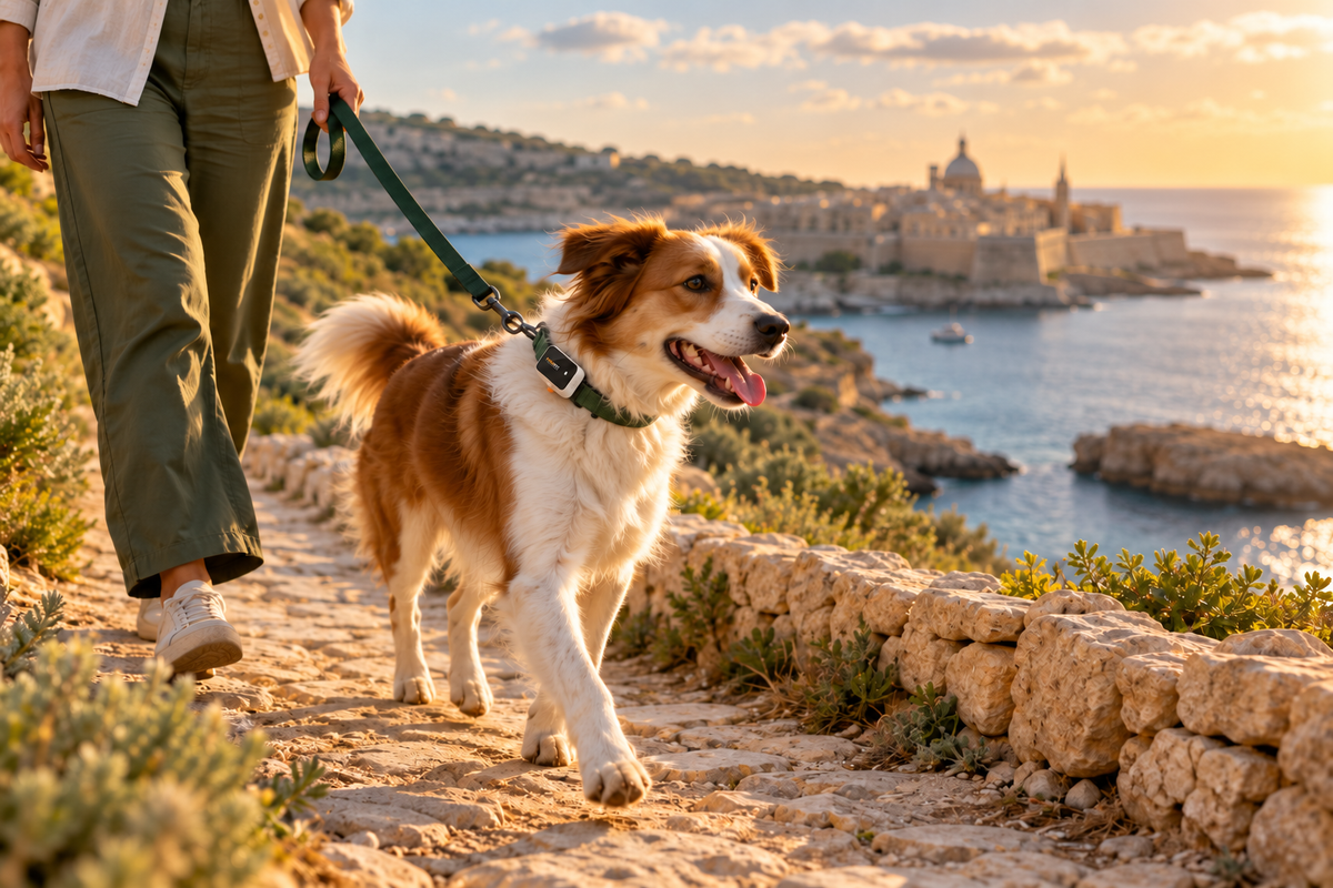Dog wearing a Pawfit-style GPS tracker during a coastal walk in Malta
