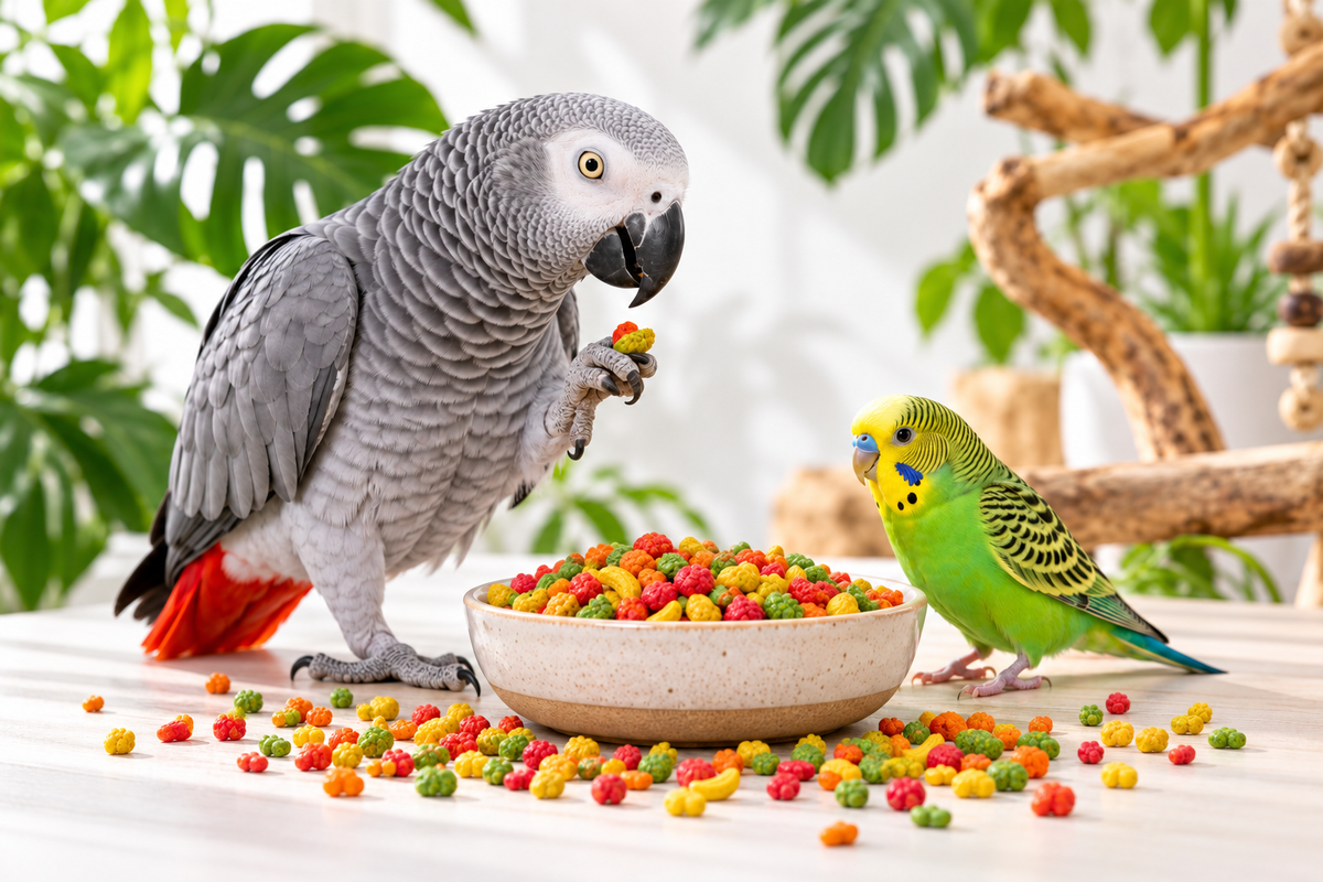African grey parrot and budgie with colourful ZuPreem FruitBlend-style pellets
