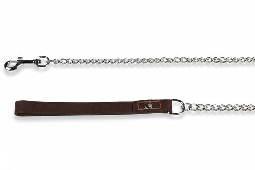 Flamingo Berno chrome chain dog leash with brown leather handle, 116 cm