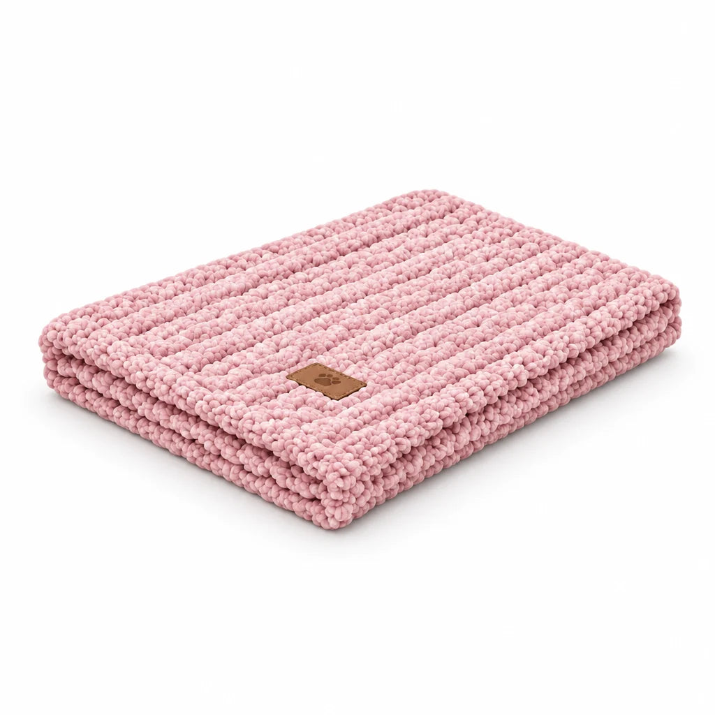 A folded pink chunky knit blanket with a small brown leather brand patch, shown on a solid white background.