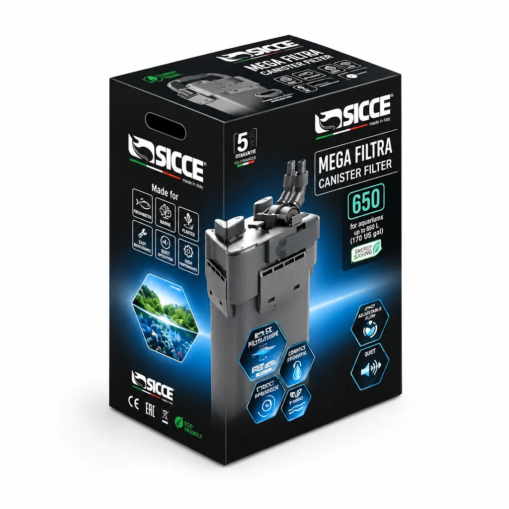 Sicce Mega Filtra 650 external aquarium canister filter with included media and accessories