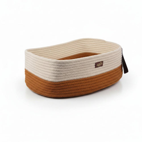 A rope-style pet bed with a cream top half and a brown bottom half, shown with dimension lines and measurements indicating 14cm/5.5 inches height, 30cm/11.