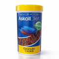 Askoll Diet Granulo Cicliidi fish food container with a blue label, yellow lid, and a picture of a blue fish, on a white background.