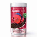 A cylindrical container of Askoll Diet Discus Food Premium Red fish food, featuring a red and blue discus fish graphic on a red patterned label with a white lid, set against a plain white background.