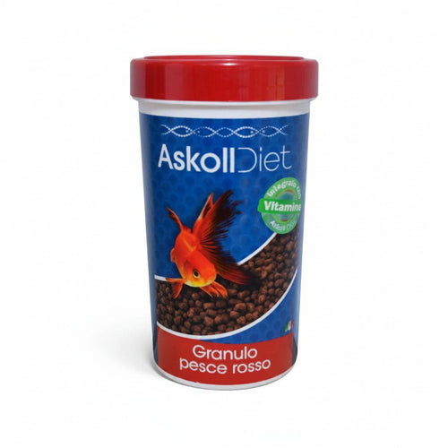 A cylindrical plastic container of Askoll Diet fish food with a red lid, featuring a blue label with a goldfish graphic and brown kibble visible through a window, on a white background.