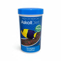 A cylindrical container of Askoll Diet Scaglia Marino fish food, featuring a blue lid and a blue label with a yellow and purple butterfly fish illustration, set against a plain white background.
