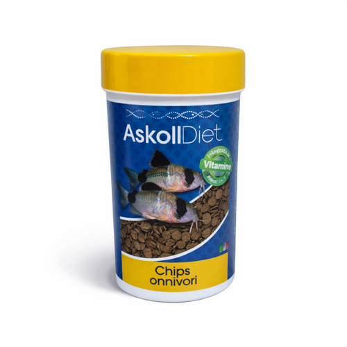 A container of AskollDiet fish food, specifically Chips omnivori, featuring a blue label with images of fish, kelp, and brown chips, topped with a bright yellow lid.