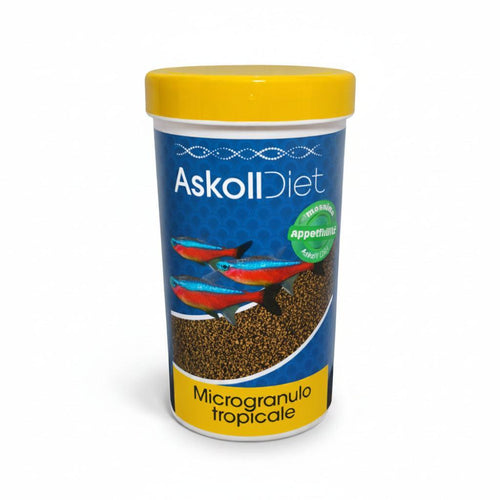 A cylindrical plastic jar of Askoll Diet tropical microgranule fish food, featuring a bright yellow lid, a blue label with tropical fish illustrations, and a yellow bottom band on a white background.