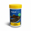 Askoll Diet Chips vegetali fish food in a white plastic jar with a bright yellow lid and a blue label featuring a fish graphic.