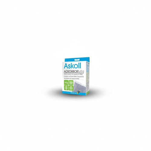 A boxed product labeled Askoll Adsorbilin, shown upright on a plain white background. The package is mostly white with blue bands at the top and bottom and green informational panels on the front.