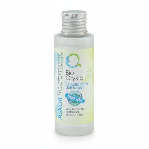 A bottle of Askoll Treatment Bio Crystal water purifier with a silver screw cap and a white and light green label, shown on a plain white background.