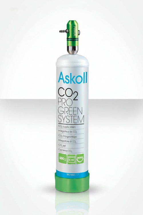 Askoll CO2 Pro Green System indoor plant grower's supply bottle with a white body, green top and base, and blue text on a light gray background.