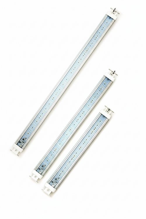 Three linear Askoll aquarium LED light bars in silver and white, arranged diagonally on a plain white background.