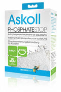 Askoll PhosphateStop aquarium treatment packaging box by TechnoEasy, featuring a white box with blue, green, and black text and a photo of white phosphate crystals on the front.