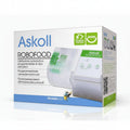 Askolli Robofood automatic fish feeder packaging box, featuring a white and green design with an illustration of the device and a QR code.