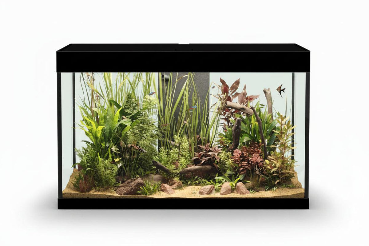 Askoll Opera Fish tank with plants and fish on a white background