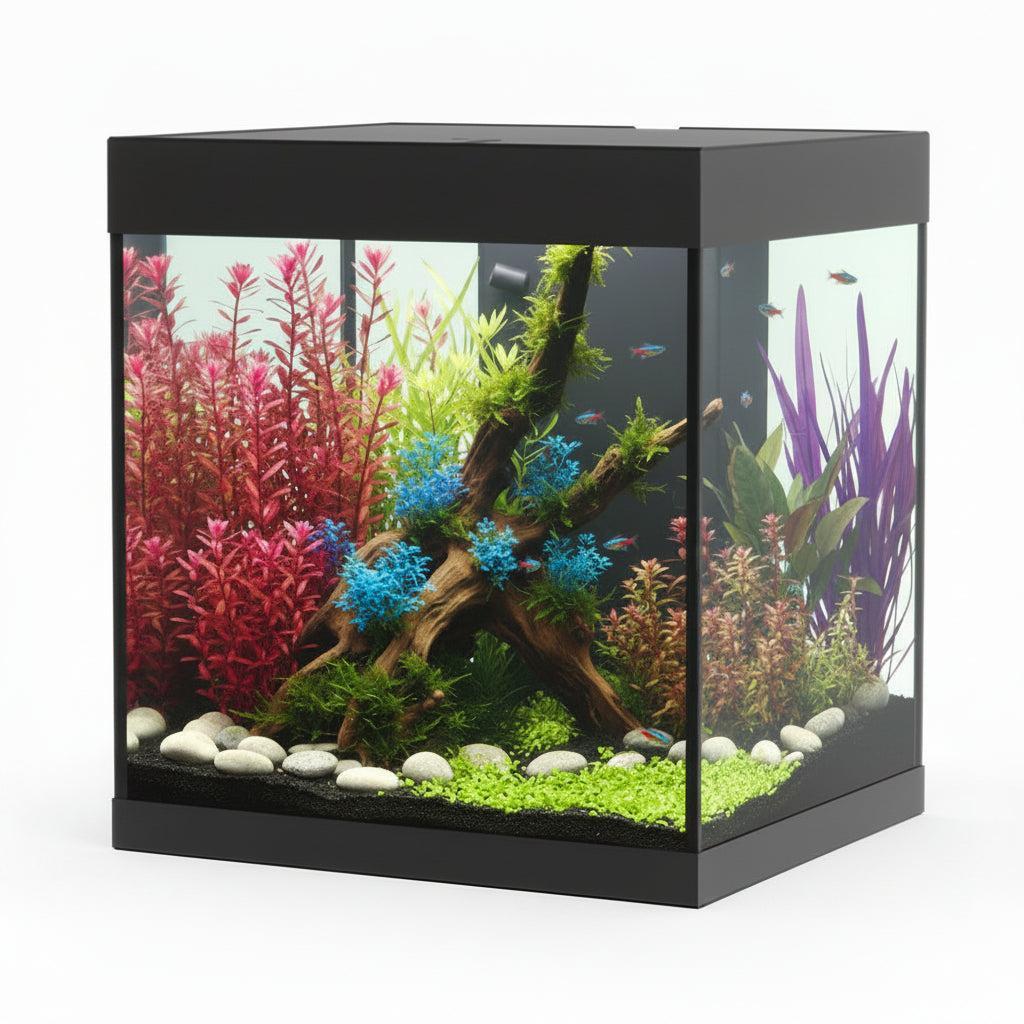 Fish tank with plants and fish on a white background