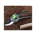 Bando heavy-duty pruning shears with grey ergonomic handles, lime green locking mechanism, and sharp steel blades.