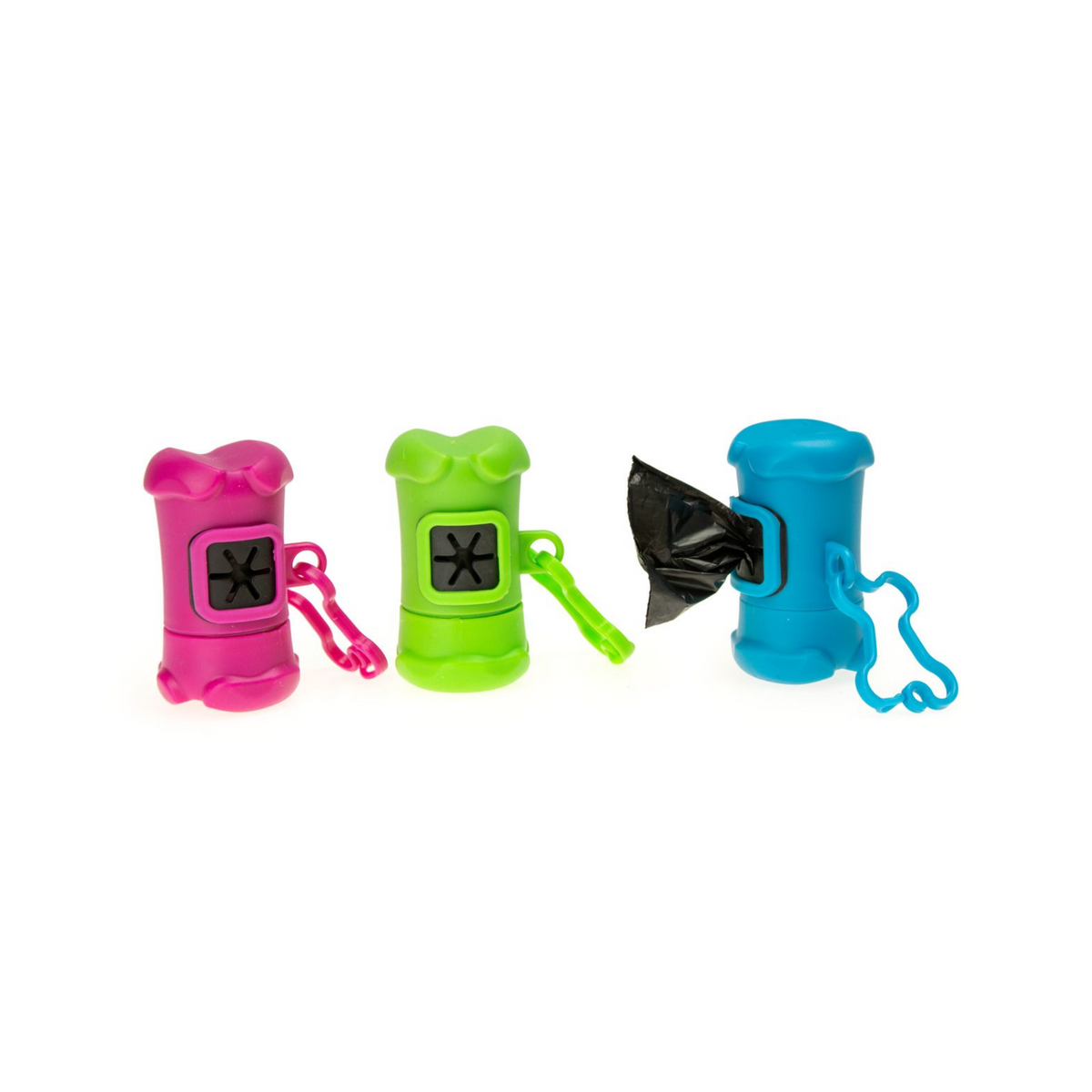 Pink, green, and blue bone-shaped plastic dog waste bag dispensers with leash clips and black bag rolls.