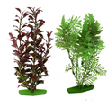 Two 22cm tall decorative plastic aquarium plants with green and burgundy foliage on stable green bases.