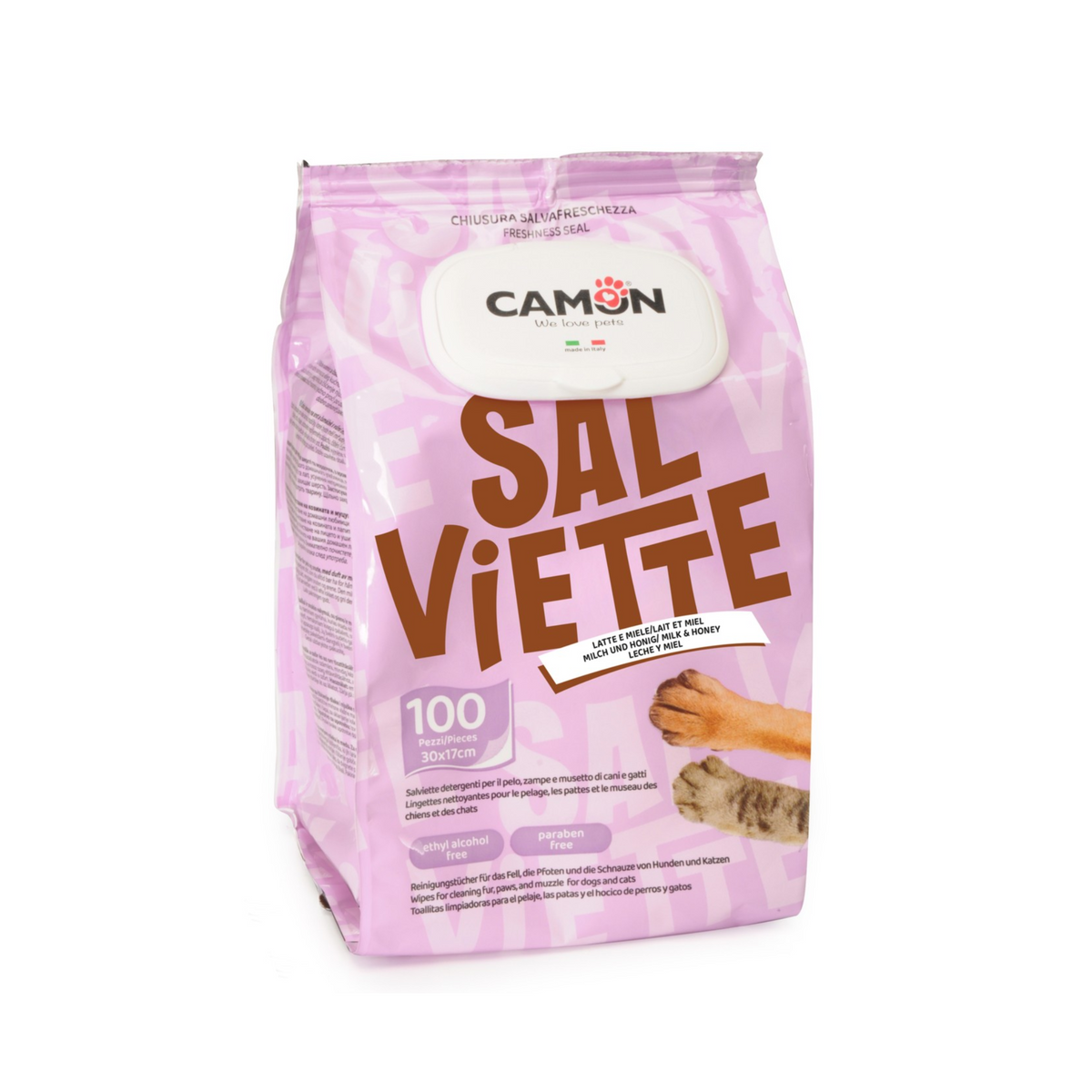 A bag of Camon Sal Viette pet wipes featuring a light pink packaging design with bold brown lettering and a picture of a cat on the front, set against a plain white background.