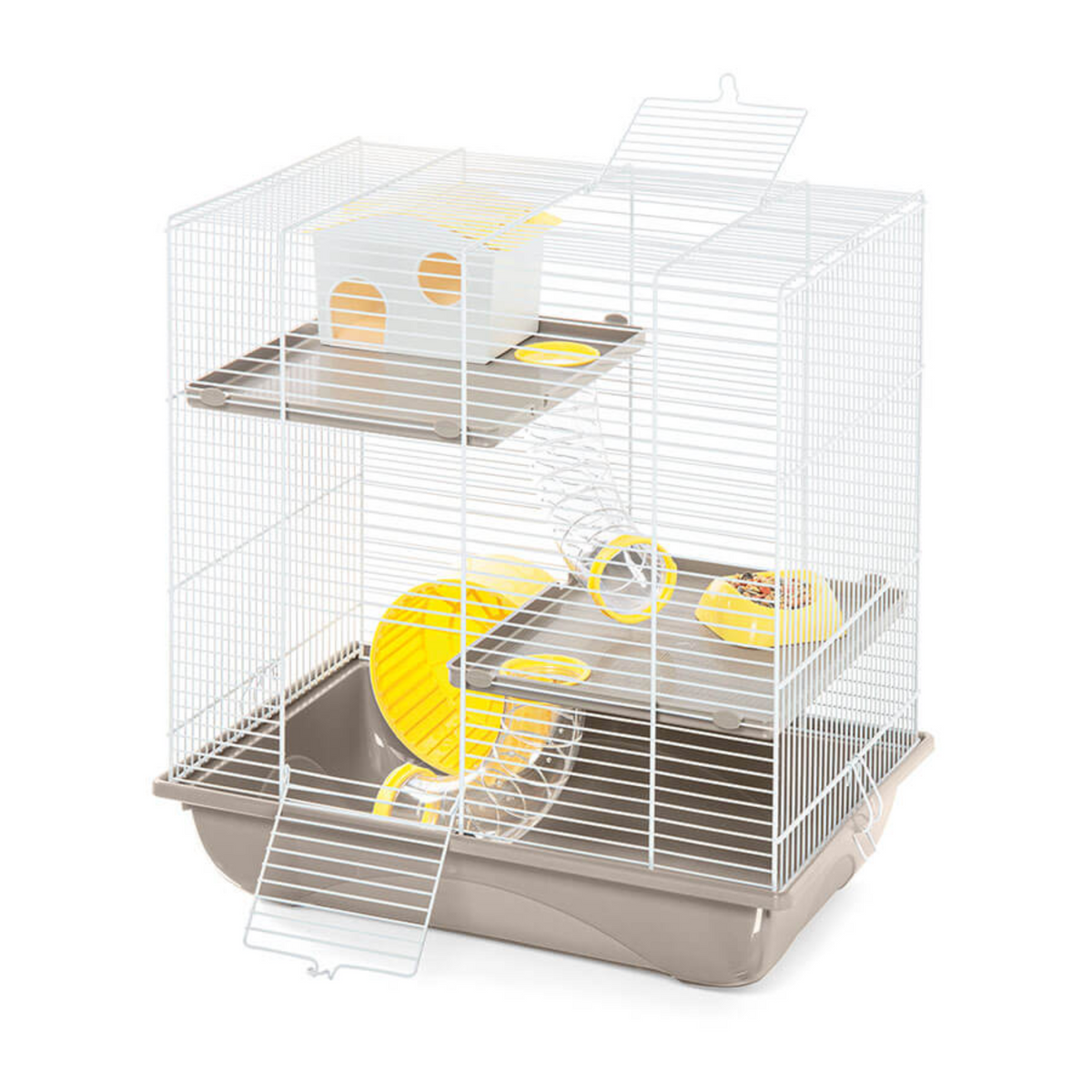 A large white wire hamster cage with a brown plastic tray, elevated platform, yellow wheel, and small white house, photographed on a plain white background.