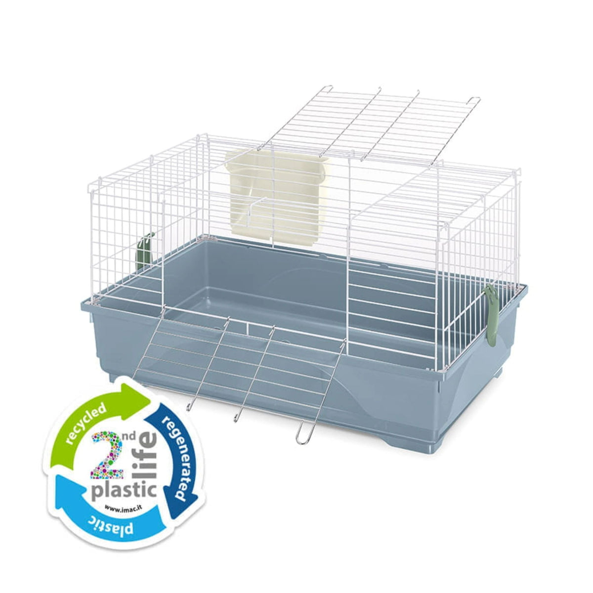 80cm indoor rabbit and guinea pig cage with a grey plastic base, white wire top, and external hay feeder.