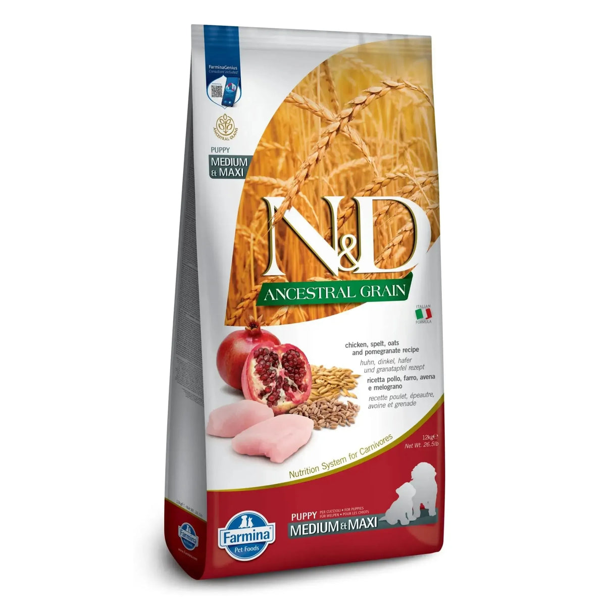12kg bag of Farmina N&D Ancestral Grain puppy food for medium and maxi breeds with chicken, spelt, oats, and pomegranate.
