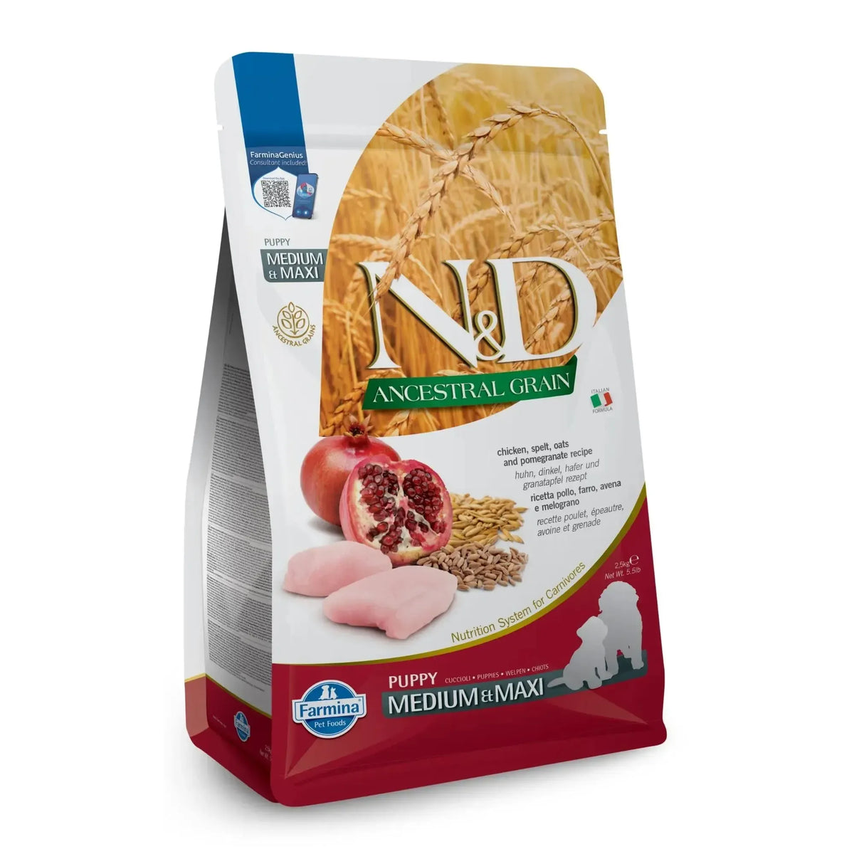 2.5kg bag of Farmina N&D Ancestral Grain puppy food with chicken, pomegranate, and grains imagery.