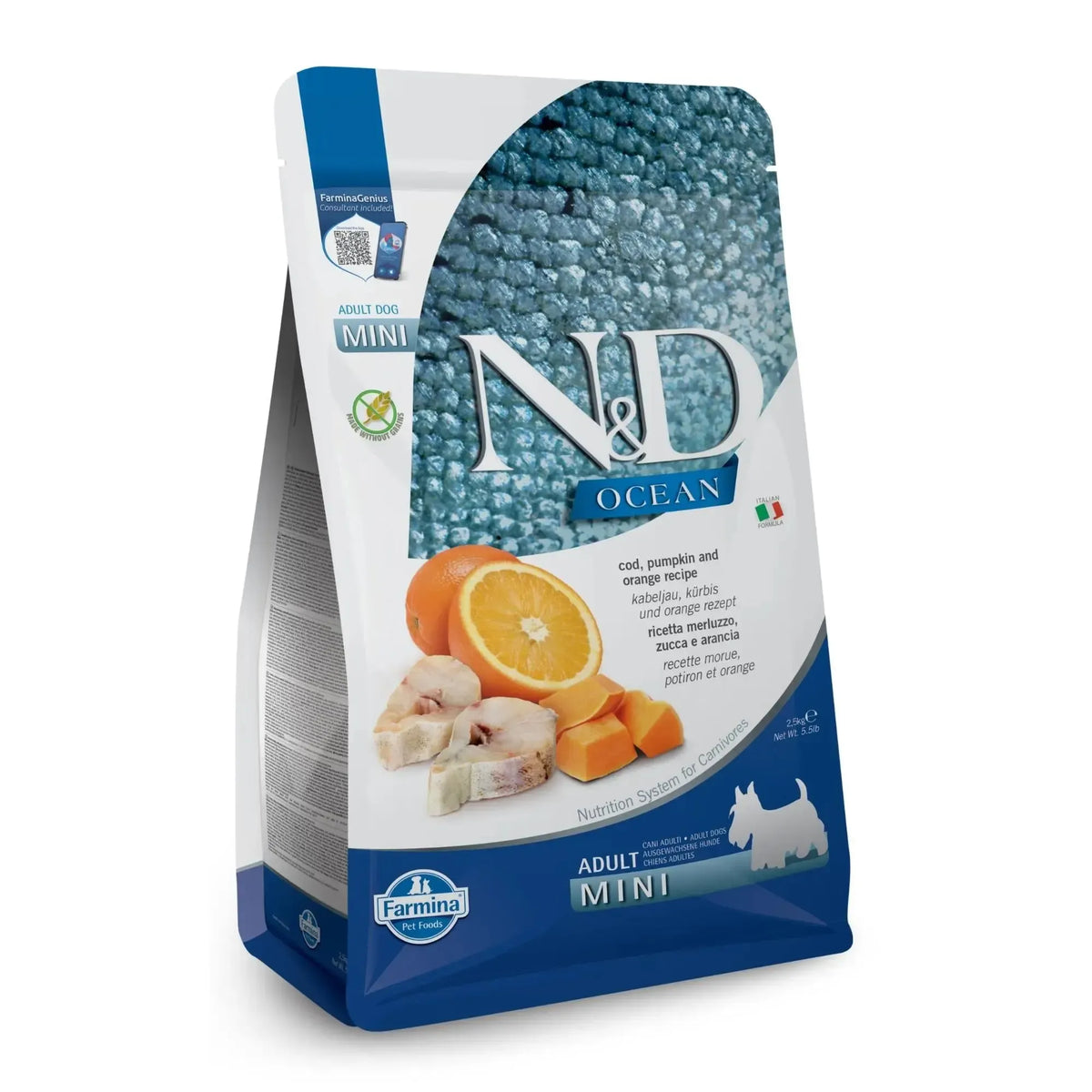 2.5kg bag of N&D Ocean Adult Mini dog food featuring cod, pumpkin, and orange imagery on a blue and white package.