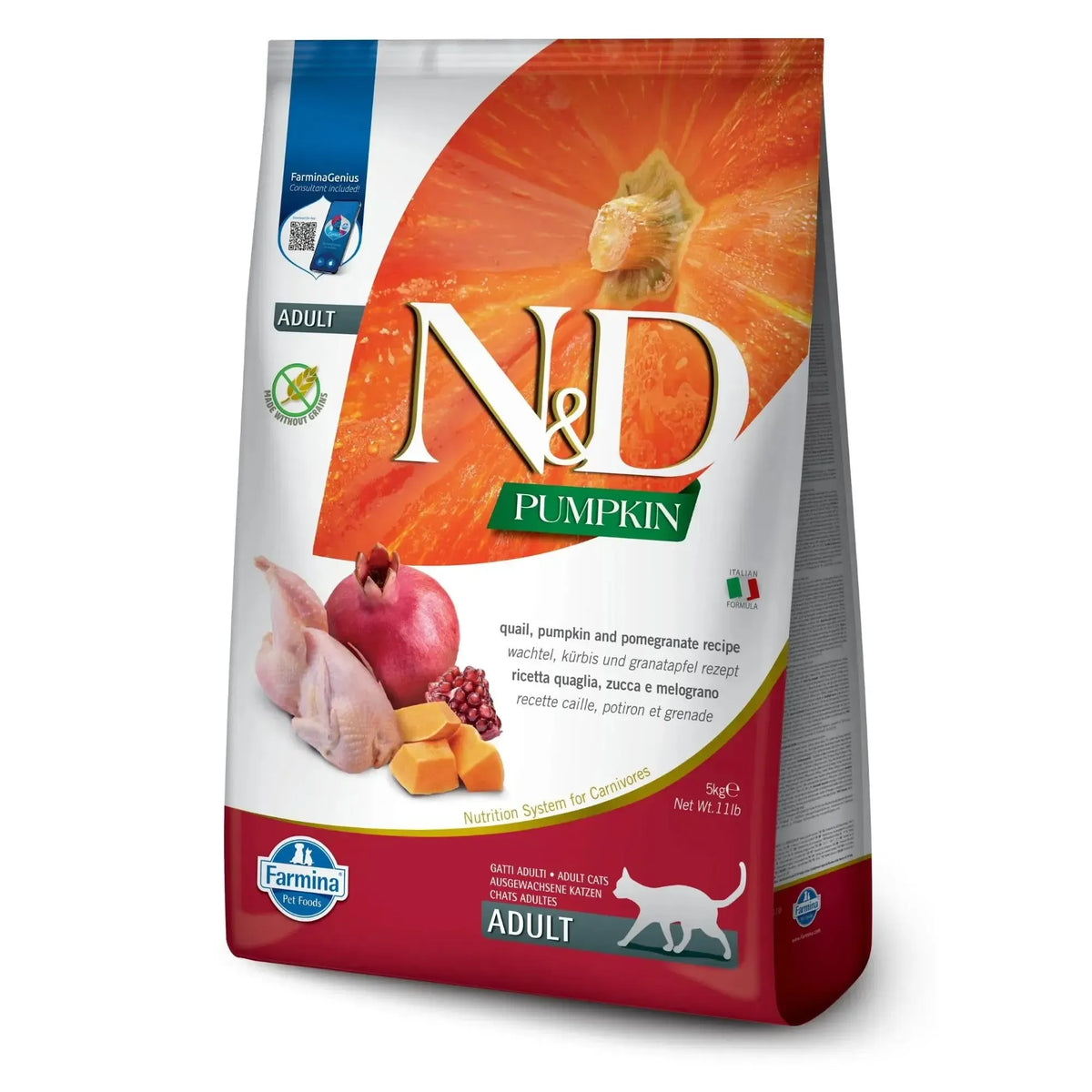 5kg bag of Farmina N&D Pumpkin cat food featuring quail, pomegranate, and pumpkin imagery on a white and red package.