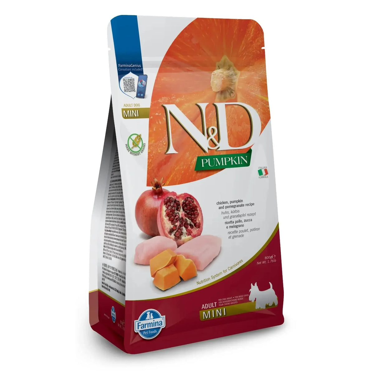 800g bag of Farmina N&D Pumpkin grain-free dog food featuring chicken, pumpkin, and pomegranate illustrations.