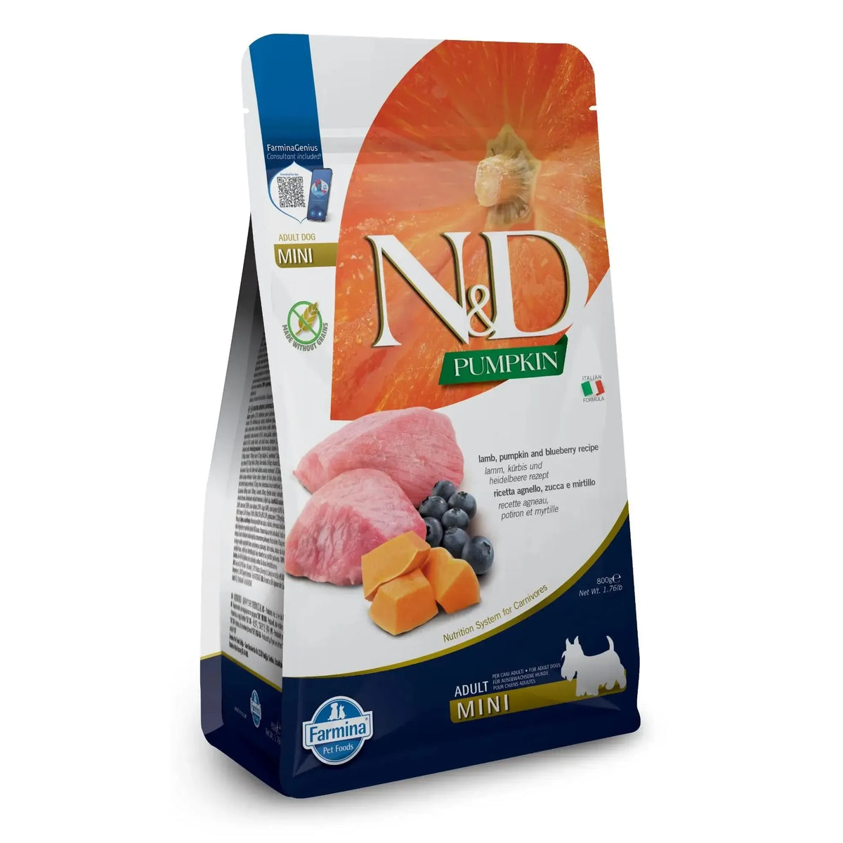 800g bag of N&D Pumpkin Adult Mini dog food featuring lamb, pumpkin, and blueberry imagery on white and blue packaging.