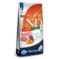 12kg bag of Farmina N&D Pumpkin Puppy Medium and Maxi lamb and blueberry dog food with pumpkin imagery.