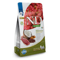 800g bag of Farmina N&D Quinoa Adult Mini dog food with duck, coconut, and turmeric imagery on a green base.
