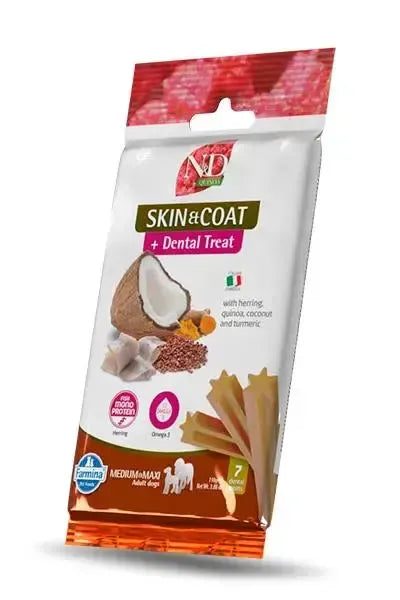 Farmina N&D Quinoa Skin & Coat Herring dental treat bag for medium and maxi dogs, featuring coconut and quinoa imagery.