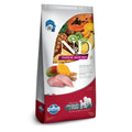 10kg bag of Farmina N&D Tropical Selection dog food featuring chicken, tropical fruits, and ancestral grains.