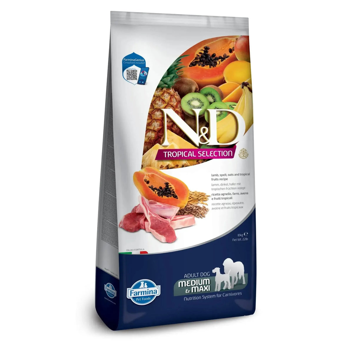 10kg bag of Farmina N&D Tropical Selection lamb and tropical fruit dog food for medium and maxi adult dogs.