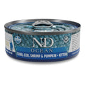 70g can of N&D Ocean kitten wet food with blue label featuring tuna, cod, shrimp, and pumpkin branding.