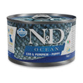 140g can of Farmina N&D Ocean Cod and Pumpkin wet puppy food with blue branding and silver metal lid.