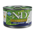 140g metal can of Farmina N&D Prime Lamb and Blueberry wet dog food with green leaf imagery and pull-tab lid.