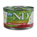 140g can of Farmina N&D Prime wet puppy food with chicken and pomegranate, featuring a green and red label design.