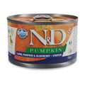 140g Farmina N&D Pumpkin wet dog food can featuring orange pumpkin imagery and lamb, pumpkin, and blueberry label.