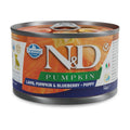 140g can of Farmina N&D Pumpkin puppy wet food with lamb and blueberry, featuring vibrant orange branding.