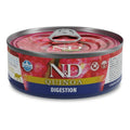 80g metal can of Farmina N&D Quinoa Digestion wet cat food with a red, blue, and gold label and a silver pull-tab lid.