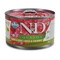 140g can of Farmina N&D Quinoa wet dog food with duck and coconut flavor in red and green packaging.