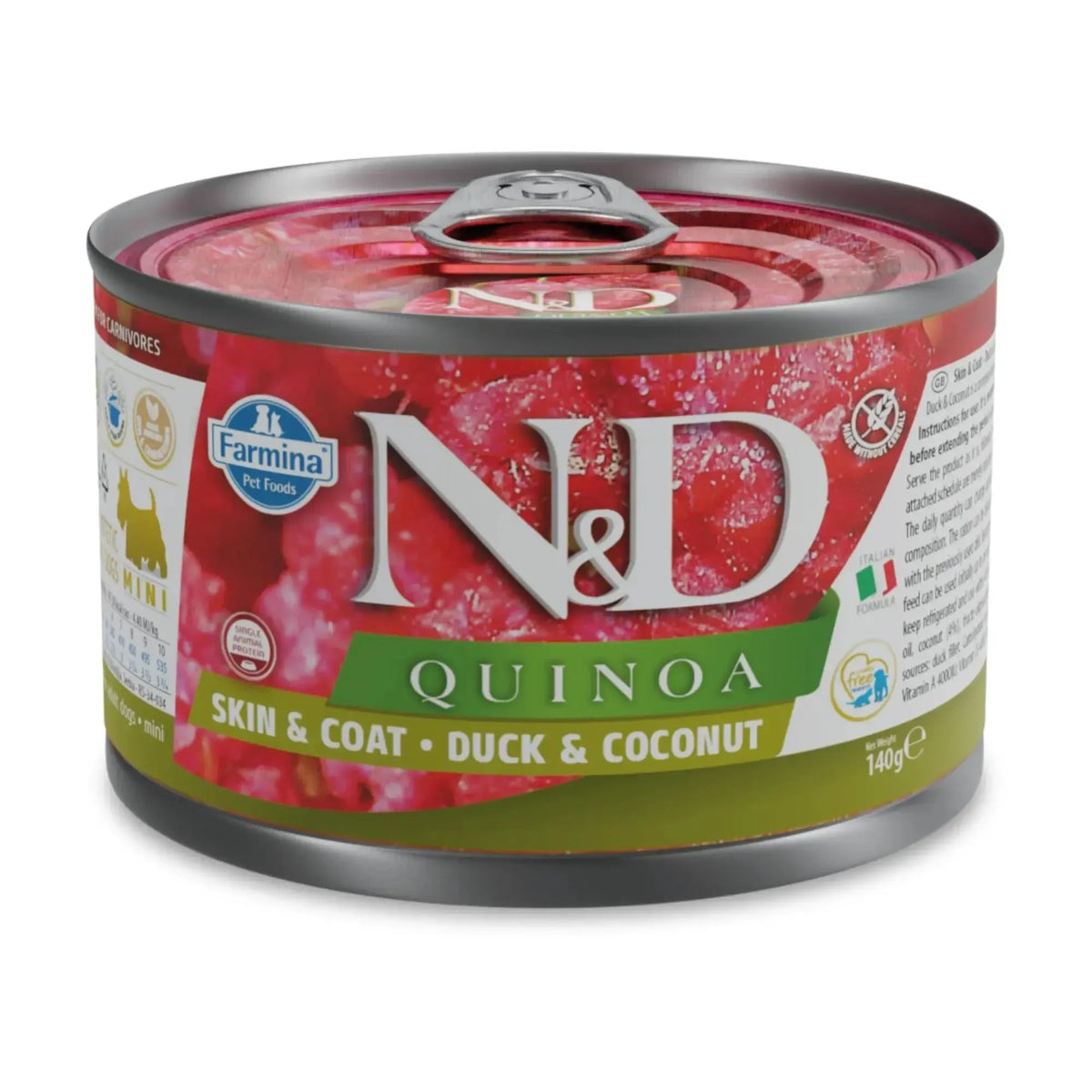 140g can of Farmina N&D Quinoa wet dog food with duck and coconut flavor in red and green packaging.