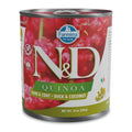 285g can of Farmina N&D Quinoa wet dog food with duck and coconut, featuring a red label with white text.