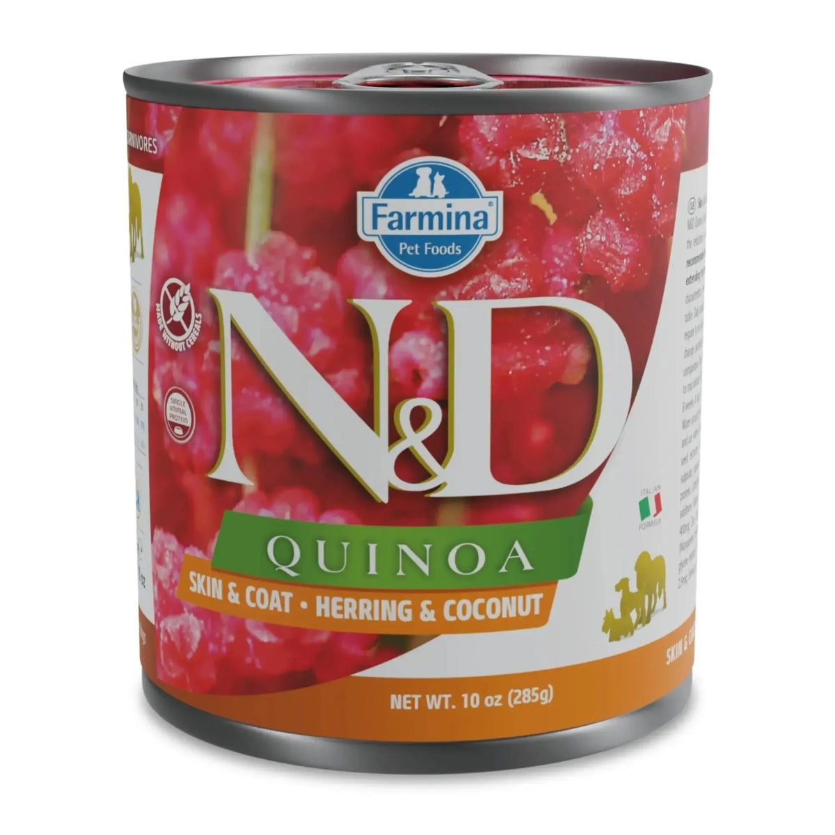 285g Farmina N&D Quinoa wet dog food can featuring red berry imagery, branding, and herring and coconut flavor text.